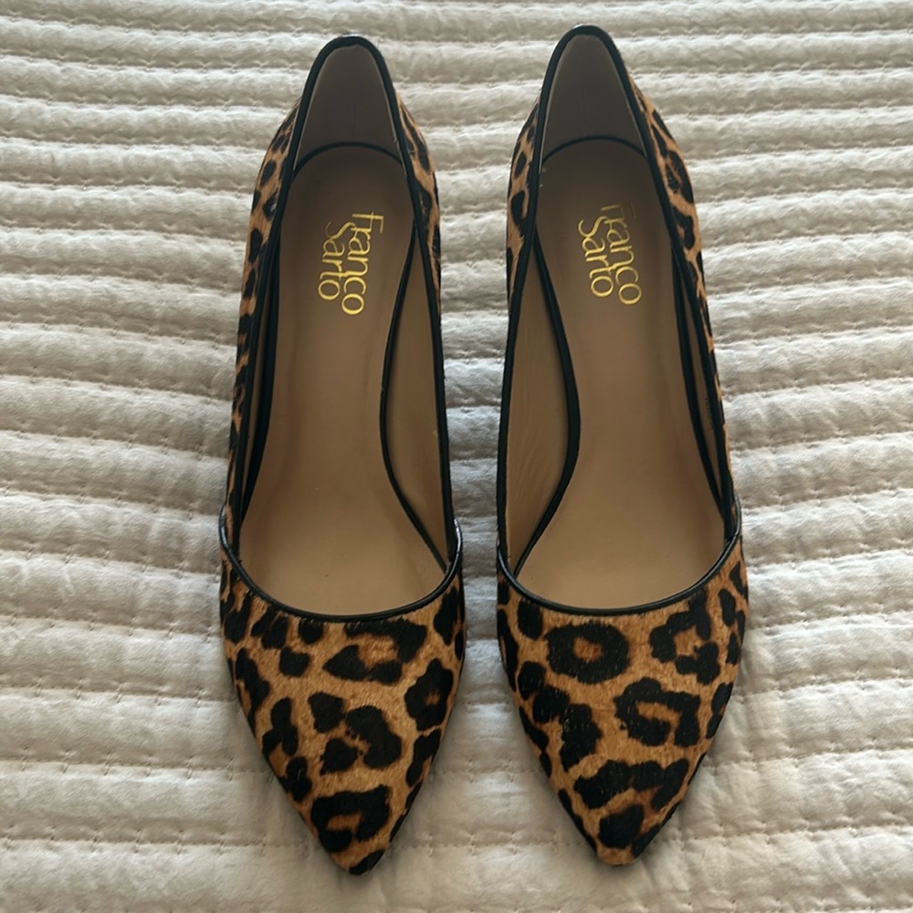 Franco Sarto “Frankie2” leopard print calf hair wedges, size 9.5